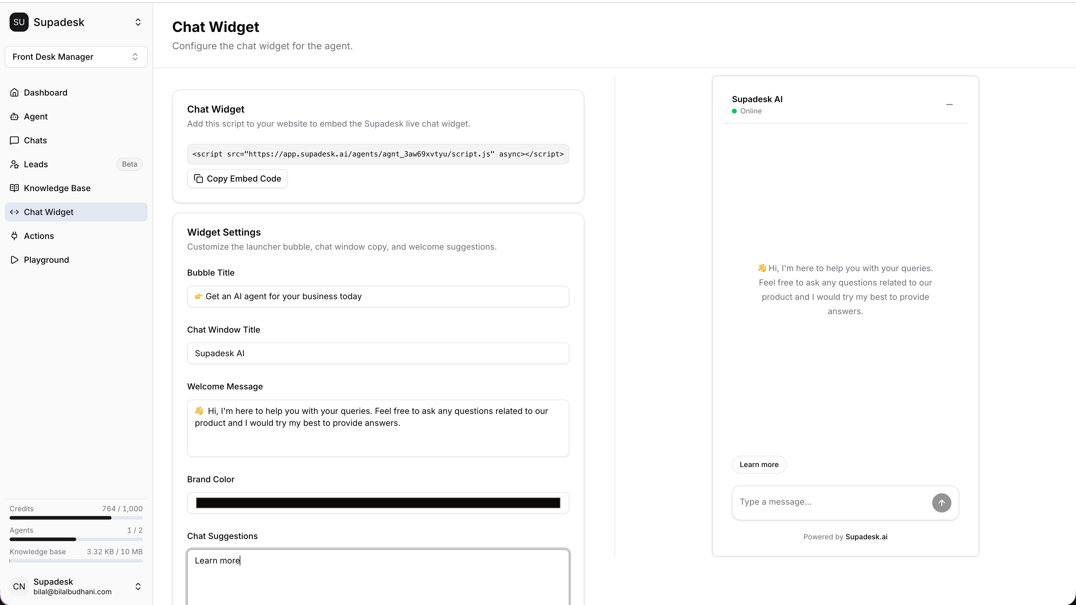 Live chat mid-conversation — visitor and agent messages, branded to a sample business.